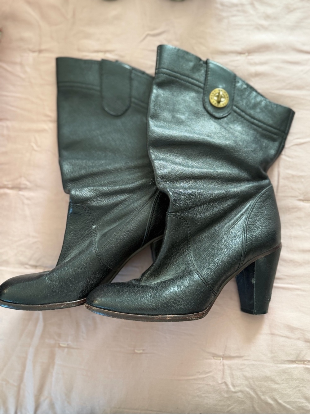 Vintage Marc Jacobs Black Leather Mid-Calf Heeled Boots with Gold Button